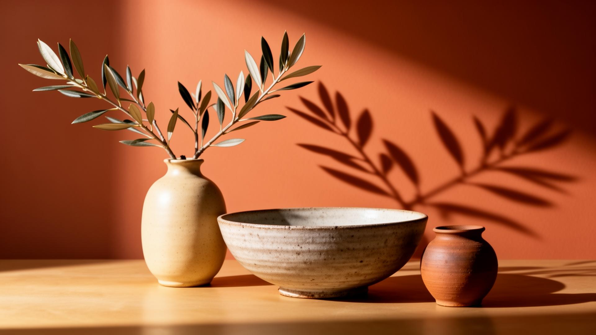 Handcrafted ceramic vase, bowl, and pot in warm light