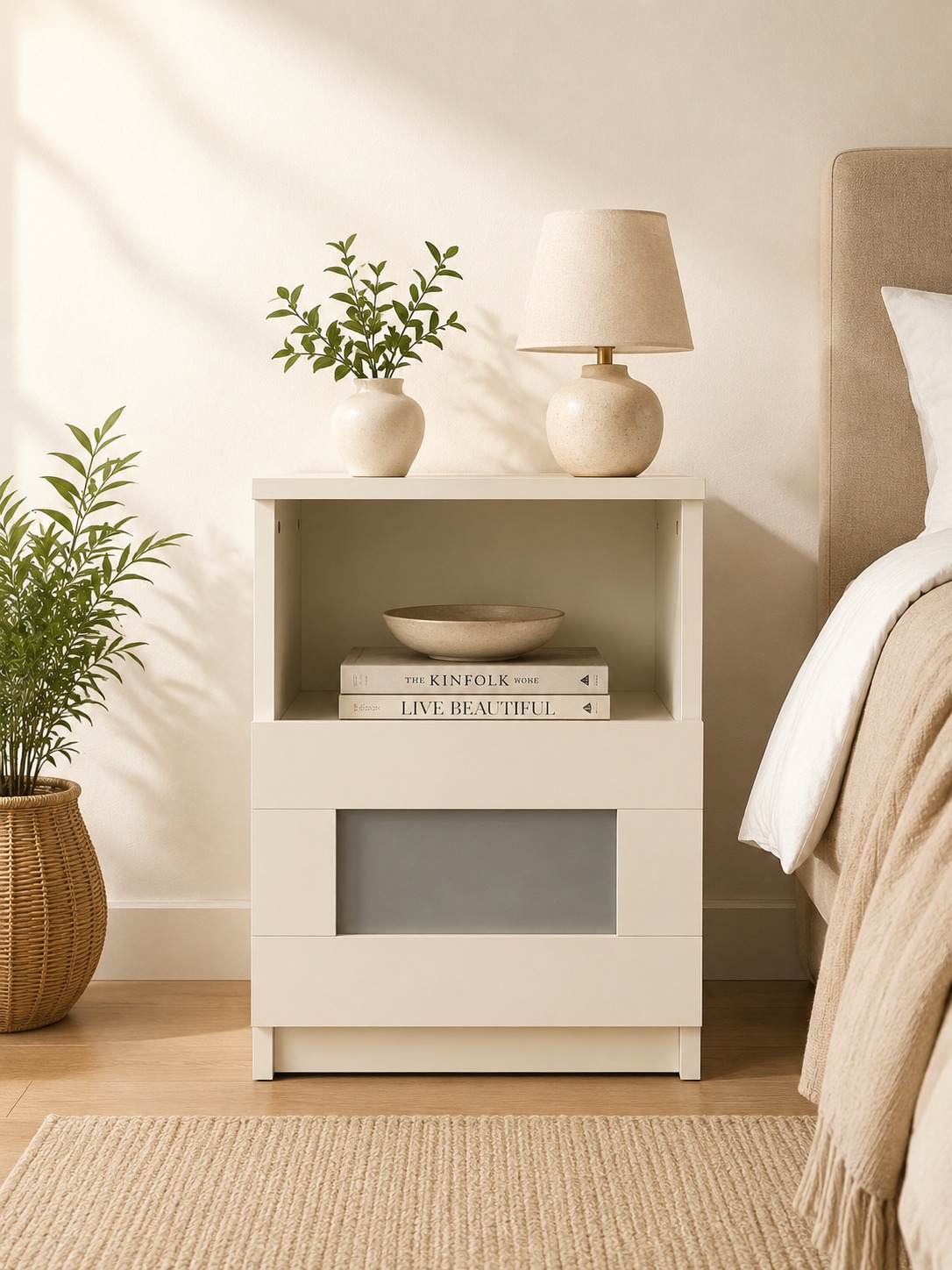 Uchi Modern Bedside Table with Open Shelf & Drawer